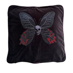 Chocolate Brown Velvet Swarovski Skull Butterfly Pillow Cover (Red Accents) – 20